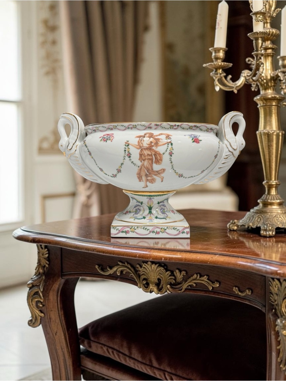 Vintage Neoclassical Porcelain Centerpiece Bowl with Swan Handles Nymph Design